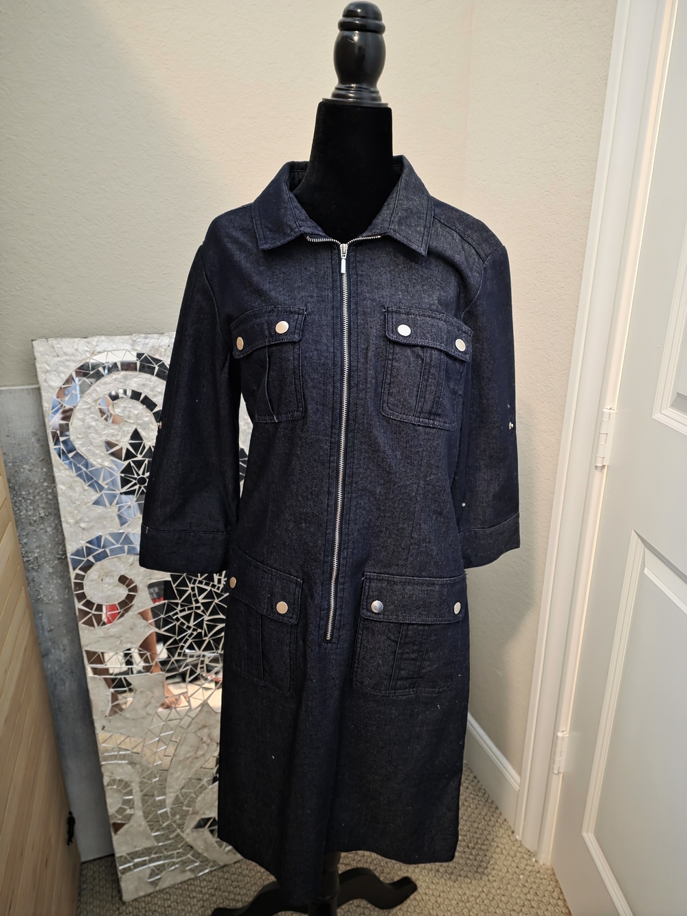 Sharagano Dark Indigo Denim Jacket Collar Label